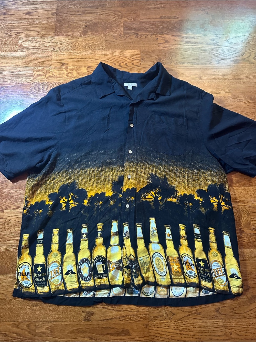 George Black & Yellow Short-Sleeve Button-Up Shirt with Beer Bottle Print